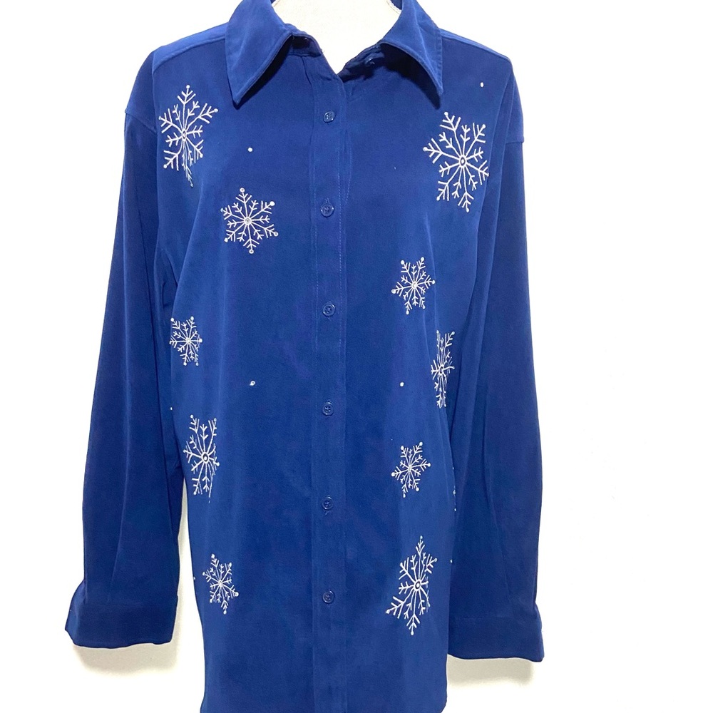 Quacker Factory Sz 2X Royal Blue  Long Sleeve Snowflake  Holiday Fun Sparkle